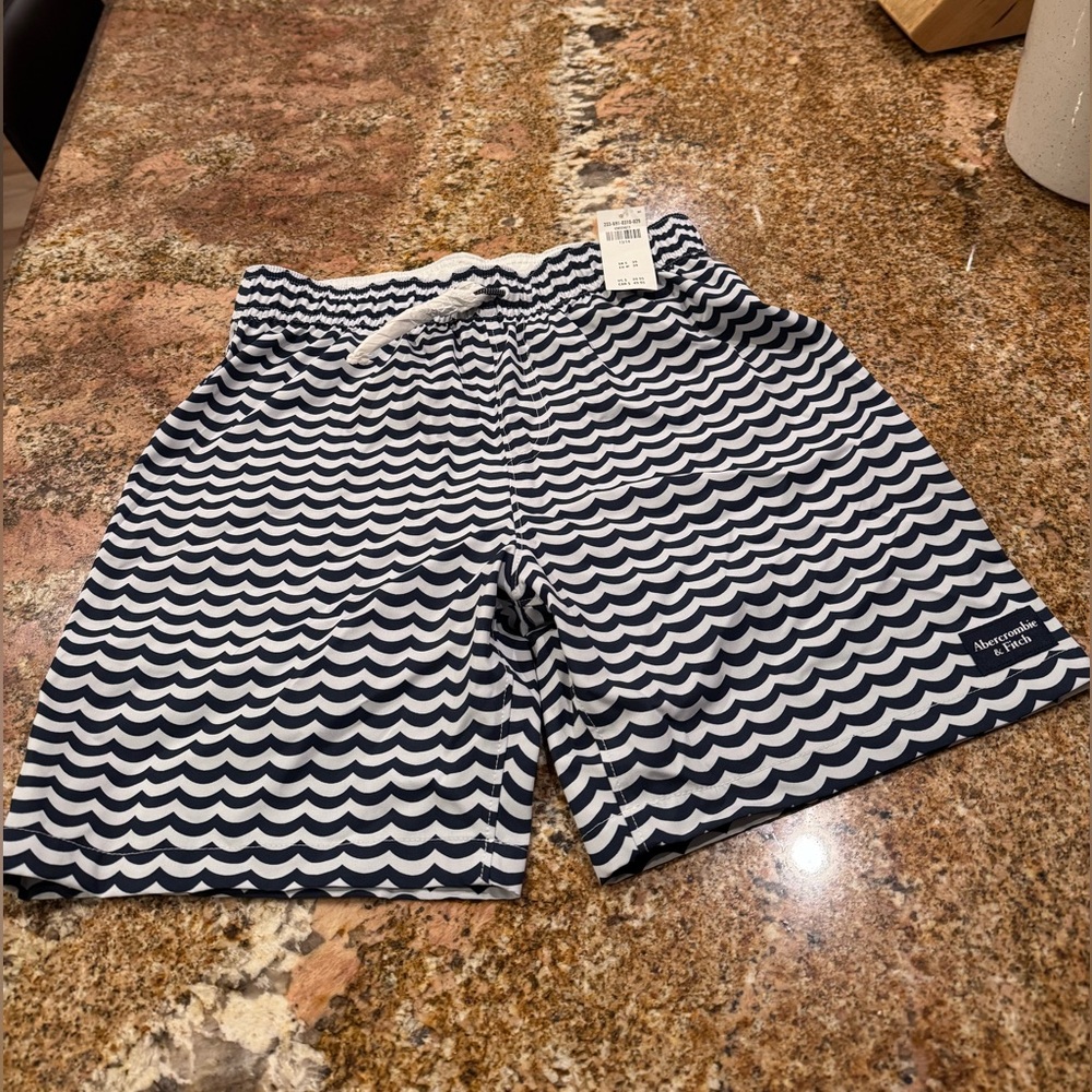 Boys Abercrombie & Fitch Navy and White Wave Swim Trunks